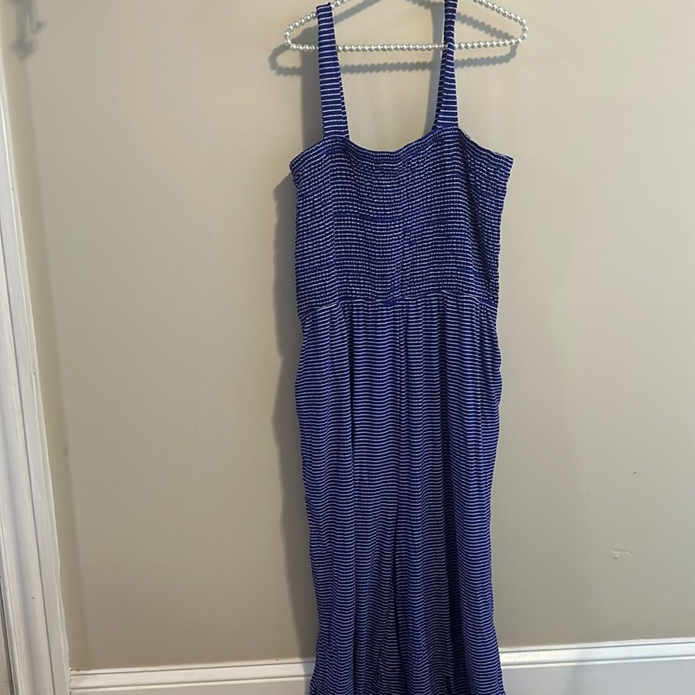 Zenana 2X Smocked Jumpsuit Striped Wide Leg Blue White Knit Rayon Pockets 55.5"